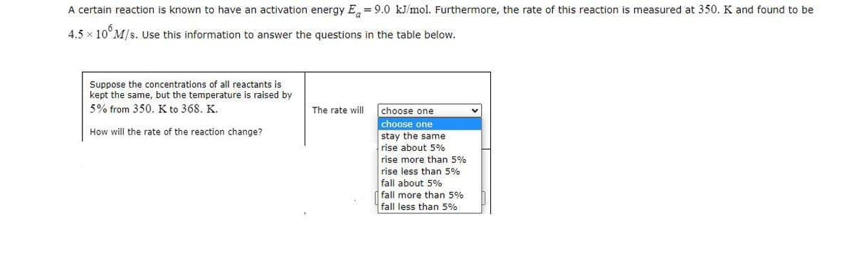 A certain reaction is known to have an activation energy E= 9.0 kJ/mol. Furthermore, the rate of this reaction is measured at 350. K and found to be
4.5 x 10° M/s. Use this information to answer the questions in the table below.
Suppose the concentrations of all reactants is
kept the same, but the temperature is raised by
5% from 350. K to 368. K.
How will the rate of the reaction change?
The rate will
choose one
choose one
stay the same
rise about 5%
rise more than 5%
rise less than 5%
fall about 5%
fall more than 5%
fall less than 5%