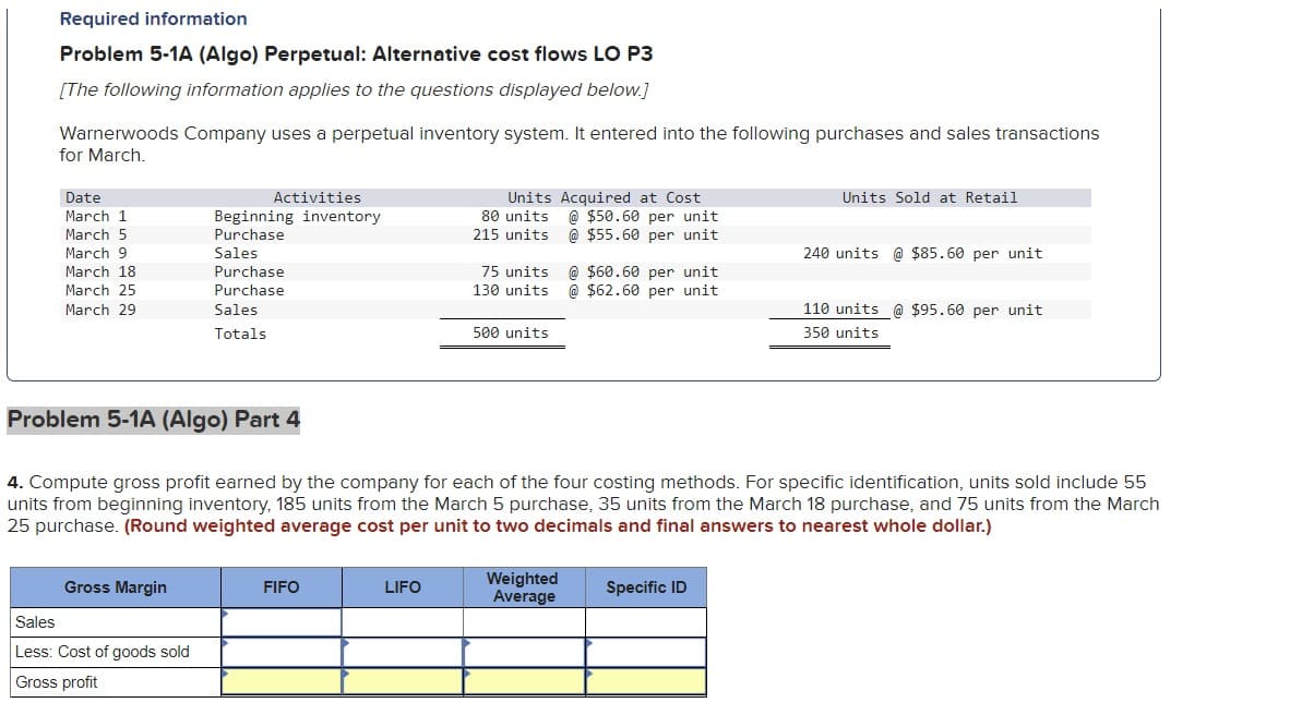 Required information
Problem 5-1A (Algo) Perpetual: Alternative cost flows LO P3
[The following information applies to the questions displayed below.]
Warnerwoods Company uses a perpetual inventory system. It entered into the following purchases and sales transactions
for March.
Date
March 1
March 5
March 91
March 18
March 25
March 29
Problem 5-1A (Algo) Part 4
Activities
Beginning inventory
Purchase
Sales
Purchase
Purchase
Sales
Totals
Gross Margin
Sales
Less: Cost of goods sold
Gross profit
FIFO
Units Acquired at Cost
@ $50.60 per unit
@ $55.60 per unit
LIFO
80 units
215 units
75 units
130 units
500 units
4. Compute gross profit earned by the company for each of the four costing methods. For specific identification, units sold include 55
beginning inventory, 185 uni from the March 5 purchase, 35 units from the March purchase, and 75 units from the March
units
25 purchase. (Round weighted average cost per unit to two decimals and final answers to nearest whole dollar.)
@ $60.60 per unit.
@ $62.60 per unit
Weighted
Average
Units Sold at Retail
Specific ID
240 units @ $85.60 per unit
110 units @ $95.60 per unit
350 units