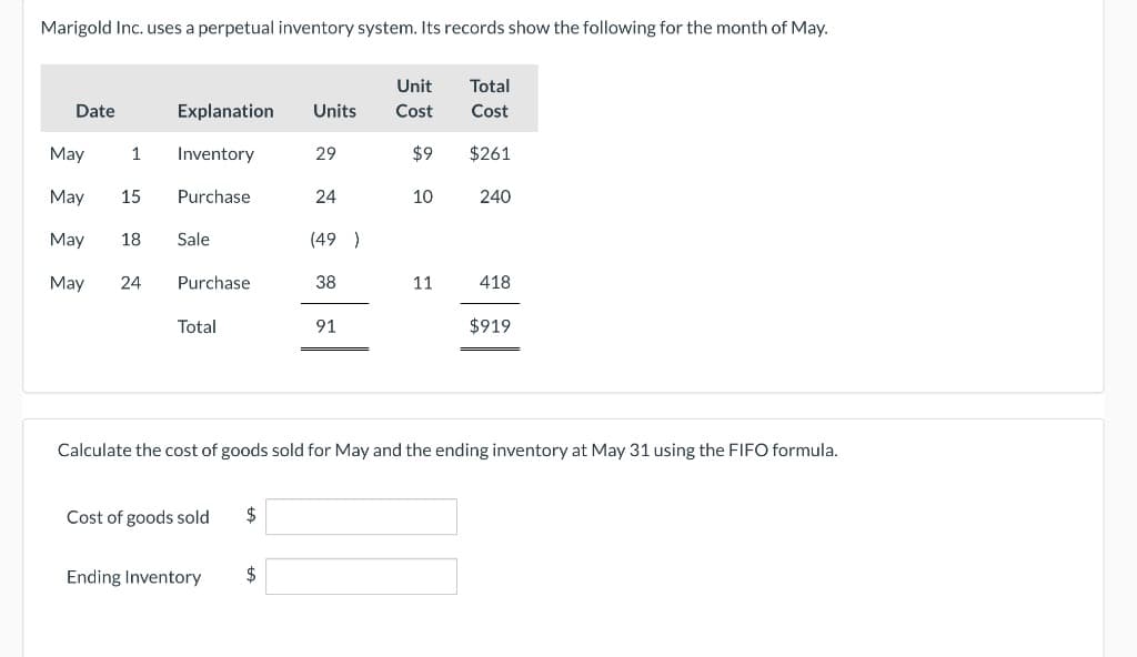 Marigold Inc. uses a perpetual inventory system. Its records show the following for the month of May.
Date
May
May
May
May
Explanation
1 Inventory
15
Purchase
18 Sale
24 Purchase
Total
Cost of goods sold $
Ending Inventory
Units
$
29
24
(49)
38
91
Unit
Cost
$9 $261
10
Total
Cost
11
240
Calculate the cost of goods sold for May and the ending inventory at May 31 using the FIFO formula.
418
$919