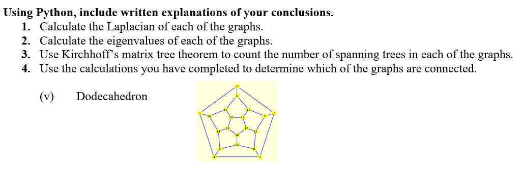 Using Python, include written explanations of your conclusions.
1. Calculate the Laplacian of each of the graphs.
2. Calculate the eigenvalues of each of the graphs.
3. Use Kirchhoff's matrix tree theorem to count the number of spanning trees in each of the graphs.
4. Use the calculations you have completed to determine which of the graphs are connected.
(v)
Dodecahedron