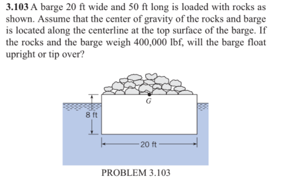 3.103 A barge 20 ft wide and 50 ft long is loaded with rocks as
shown. Assume that the center of gravity of the rocks and barge
is located along the centerline at the top surface of the barge. If
the rocks and the barge weigh 400,000 lbf, will the barge float
upright or tip over?
G
8 ft
-20 ft -
PROBLEM 3.103
