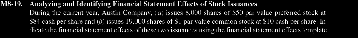 M8-19. Analyzing and Identifying Financial Statement Effects of Stock Issuances
During the current year, Austin Company, (a) issues 8,000 shares of $50 par value preferred stock at
$84 cash per · share and (b) issues 19,000 shares of $1 par value common stock at $10 cash per share. In-
dicate the financial statement effects of these two issuances using the financial statement effects template.