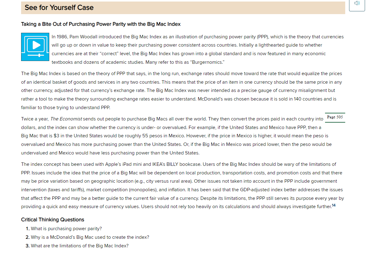 See for Yourself Case
Taking a Bite Out of Purchasing Power Parity with the Big Mac Index
In 1986, Pam Woodall introduced the Big Mac Index as an illustration of purchasing power parity (PPP), which is the theory that currencies
will go up or down in value to keep their purchasing power consistent across countries. Initially a lighthearted guide to whether
currencies are at their "correct" level, the Big Mac Index has grown into a global standard and is now featured in many economic
textbooks and dozens of academic studies. Many refer to this as "Burgernomics."
The Big Mac Index is based on the theory of PPP that says, in the long run, exchange rates should move toward the rate that would equalize the prices
of an identical basket of goods and services in any two countries. This means that the price of an item in one currency should be the same price in any
other currency, adjusted for that currency's exchange rate. The Big Mac Index was never intended as a precise gauge of currency misalignment but
rather a tool to make the theory surrounding exchange rates easier to understand. McDonald's was chosen because it is sold in 140 countries and is
familiar to those trying to understand PPP.
Twice a year, The Economist sends out people to purchase Big Macs all over the world. They then convert the prices paid in each country into Page 505
dollars, and the index can show whether the currency is under- or overvalued. For example, if the United States and Mexico have PPP, then a
Big Mac that is $3 in the United States would be roughly 55 pesos in Mexico. However, if the price in Mexico is higher, it would mean the peso is
overvalued and Mexico has more purchasing power than the United States. Or, if the Big Mac in Mexico was priced lower, then the peso would be
undervalued and Mexico would have less purchasing power than the United States.
The index concept has been used with Apple's iPad mini and IKEA's BILLY bookcase. Users of the Big Mac Index should be wary of the limitations of
PPP. Issues include the idea that the price of a Big Mac will be dependent on local production, transportation costs, and promotion costs and that there
may be price variation based on geographic location (e.g., city versus rural area). Other issues not taken into account in the PPP include government
intervention (taxes and tariffs), market competition (monopolies), and inflation. It has been said that the GDP-adjusted index better addresses the issues
that affect the PPP and may be a better guide to the current fair value of a currency. Despite its limitations, the PPP still serves its purpose every year by
providing a quick and easy measure of currency values. Users should not rely too heavily on its calculations and should always investigate further.14
Critical Thinking Questions
1. What is purchasing power parity?
2. Why is a McDonald's Big Mac used to create the index?
3. What are the limitations of the Big Mac Index?
ŷ
