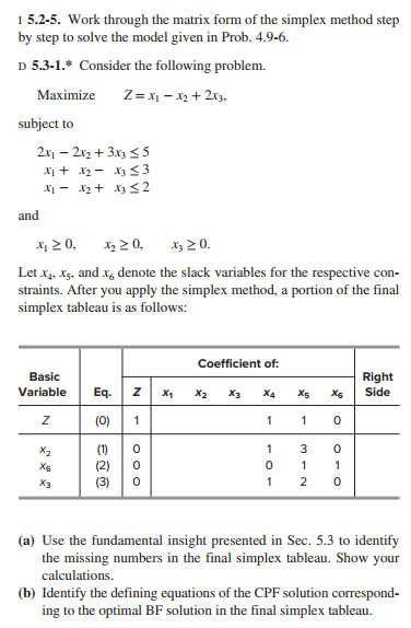 1 5.2-5. Work through the matrix form of the simplex method step
by step to solve the model given in Prob. 4.9-6.
D 5.3-1.* Consider the following problem.
Z = x₁ - x₂ + 2x3,
Maximize
subject to
2x12x2 + 3x3 ≤5
X₁ + X₂
X3 ≤ 3
X₁ X₂
X3 ≤ 2
and
x₁ ≥ 0,
X₂ ≥ 0,
x3 ≥ 0.
Let x4, X5, and x6 denote the slack variables for the respective con-
straints. After you apply the simplex method, a portion of the final
simplex tableau is as follows:
Basic
Variable Eq.
(0)
Z
X₂
X6
X3
(2)
(3)
N
1
000
Coefficient of:
X₁ X2
X3 X4
1
1
0
1
X5 X6
1
0
3 - 2
1
2
0
OIO
0
Right
Side
(a) Use the fundamental insight presented in Sec. 5.3 to identify
the missing numbers in the final simplex tableau. Show your
calculations.
(b) Identify the defining equations of the CPF solution correspond-
ing to the optimal BF solution in the final simplex tableau.