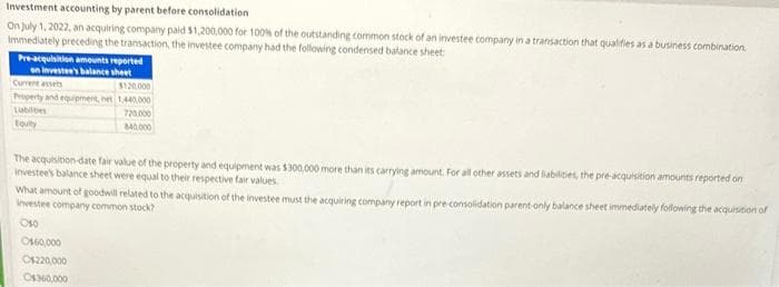 Investment accounting by parent before consolidation
On July 1, 2022, an acquiring company paid $1,200,000 for 100% of the outstanding common stock of an investee company in a transaction that qualifies as a business combination.
Immediately preceding the transaction, the investee company had the following condensed balance sheet:
Pre-acquisition amounts reported
on investee's balance sheet
Current assets
$120.000
Property and equipment, het 1.440,000
Labilbes
720.000
Equity
840,000
The acquisition-date fair value of the property and equipment was $300,000 more than its carrying amount. For all other assets and liabilities, the pre-acquisition amounts reported on
investee's balance sheet were equal to their respective fair values
What amount of goodwill related to the acquisition of the investee must the acquiring company report in pre-consolidation parent-only balance sheet immediately following the acquisition of
Investee company common stock?
Oso
O$60,000
C$220,000
C$360,000