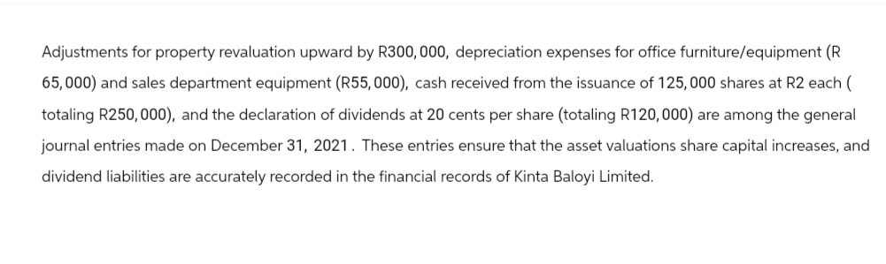 Adjustments for property revaluation upward by R300,000, depreciation expenses for office furniture/equipment (R
65,000) and sales department equipment (R55,000), cash received from the issuance of 125,000 shares at R2 each (
totaling R250,000), and the declaration of dividends at 20 cents per share (totaling R120,000) are among the general
journal entries made on December 31, 2021. These entries ensure that the asset valuations share capital increases, and
dividend liabilities are accurately recorded in the financial records of Kinta Baloyi Limited.