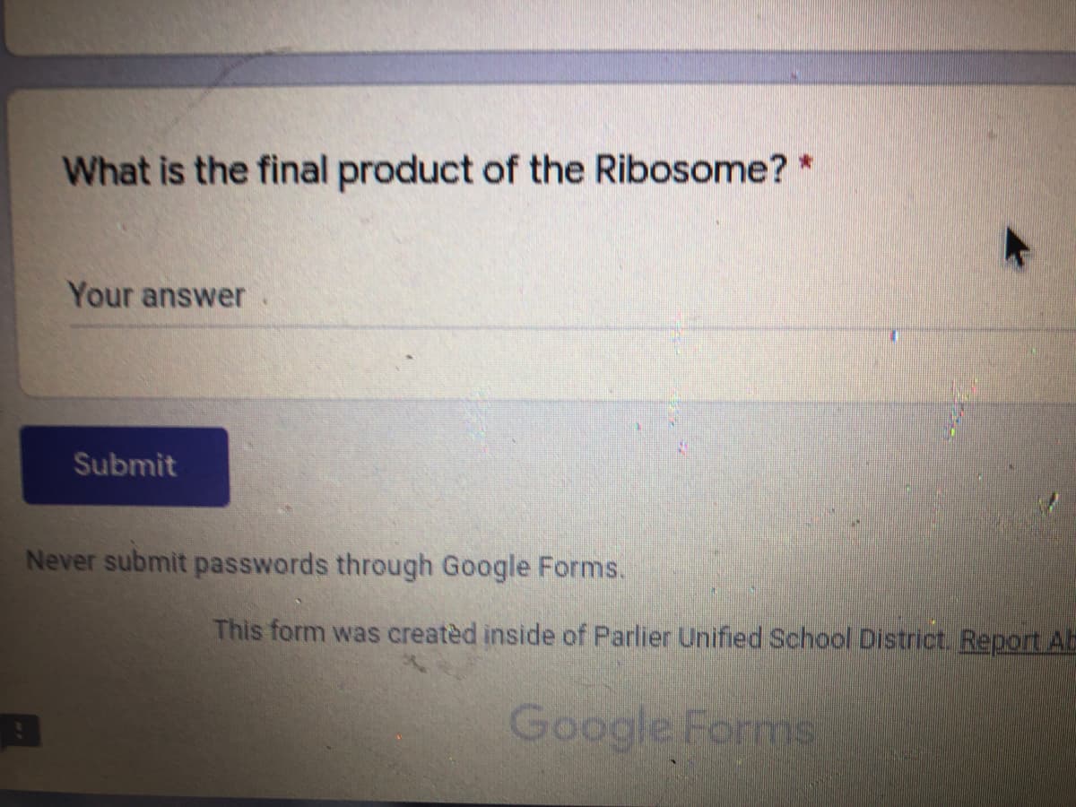 What is the final product of the Ribosome? *
Your answer
Submit
Never submit passwords through Google Forms.
This form was creatèd inside of Parlier Unified School District. Report Ab
Google Forms
