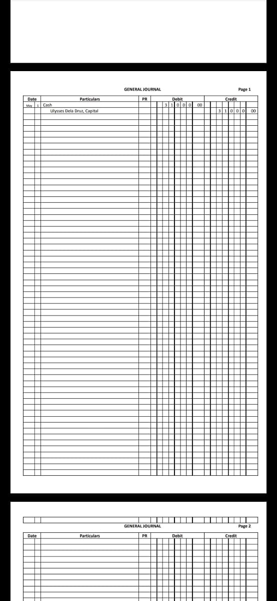 GENERAL JOURNAL
Page 1
Date
May1 Cash
Particulars
Credit
--
31000 00
PR
Debit
3100000
Ulysses Dela Druz, Capital
GENERAL JOURNAL
Page 2
Date
Particulars
PR
Debit
Credi
