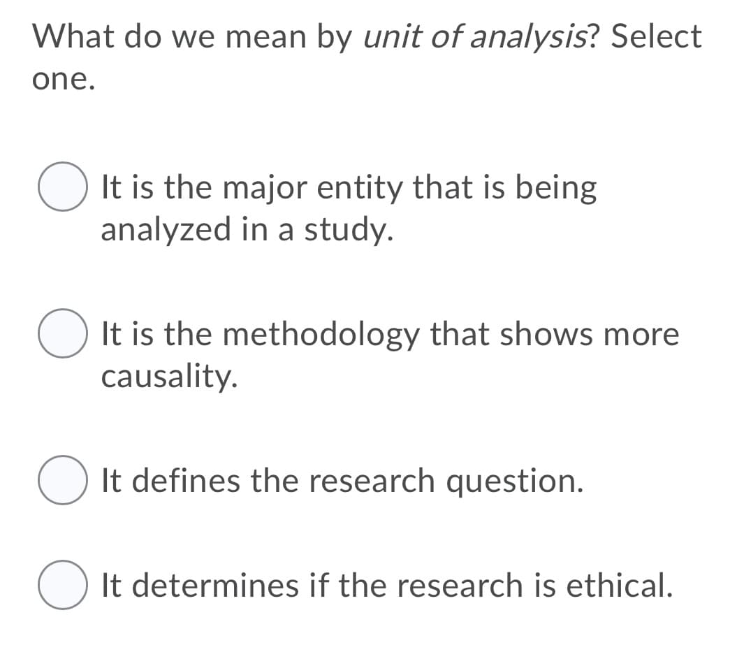 What do we mean by unit of analysis? Select
one.
It is the major entity that is being
analyzed in a study.
O It is the methodology that shows more
causality.
O It defines the research question.
O It determines if the research is ethical.
