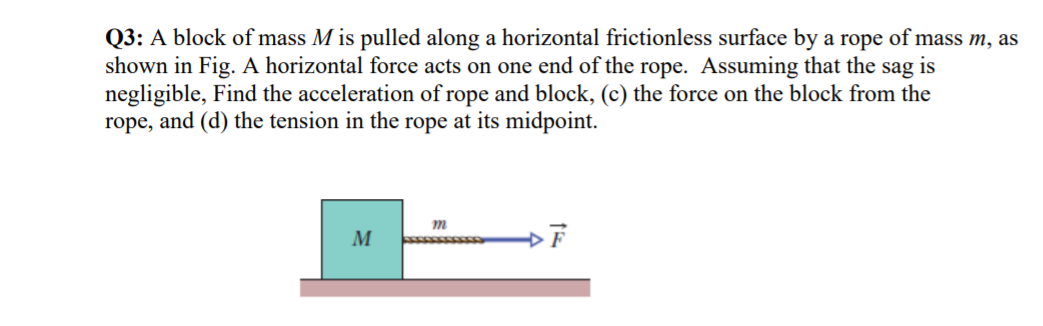 Q3: A block of mass M is pulled along a horizontal frictionless surface by a rope of mass m, as
shown in Fig. A horizontal force acts on one end of the rope. Assuming that the sag
negligible, Find the acceleration of rope and block, (c) the force on the block from the
rope, and (d) the tension in the rope at its midpoint.
is
m
M
