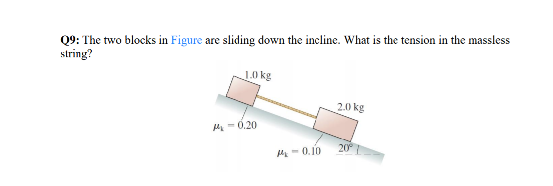 Q9: The two blocks in Figure are sliding down the incline. What is the tension in the massless
string?
1.0 kg
2.0 kg
Mk = 0.20
20°
Mx = 0.10
