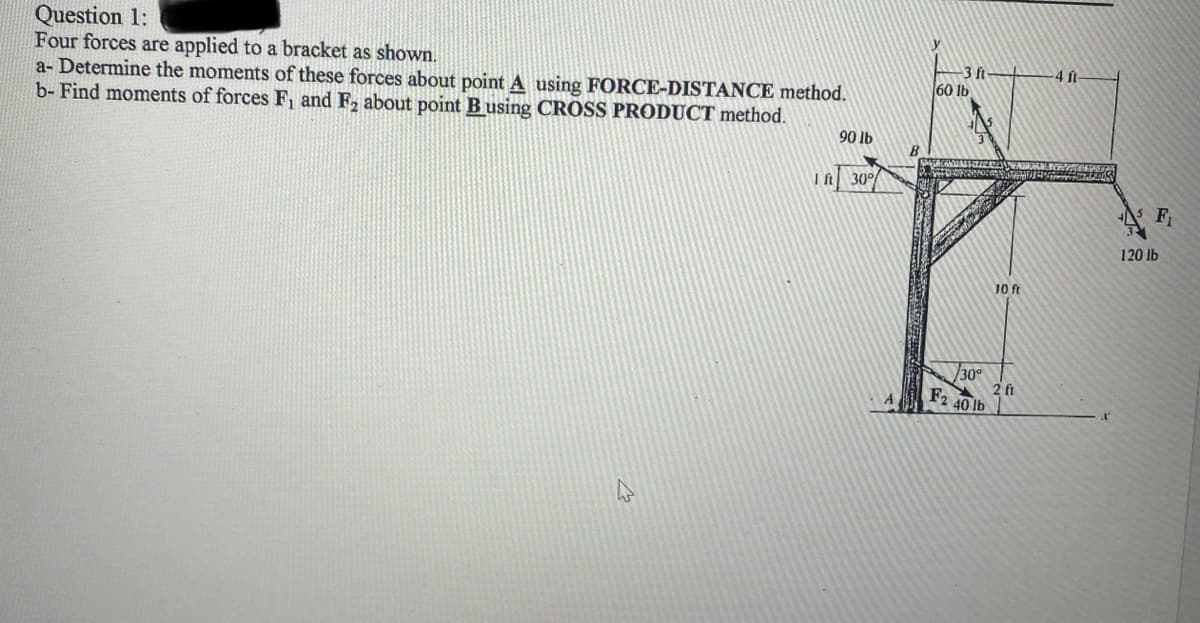 Question 1:
Four forces are applied to a bracket as shown.
a-Determine the moments of these forces about point A using FORCE-DISTANCE method.
b- Find moments of forces F₁ and F₂ about point B using CROSS PRODUCT method.
I ft
90 lb
30%
60 lb
ft
30°
F2 40 lb
10 ft
2 ft
4 ft
F₁
120 lb