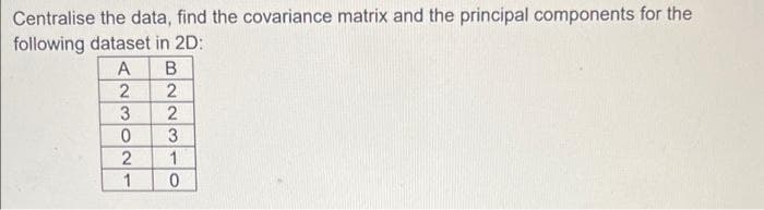 Centralise the data, find the covariance matrix and the principal components for the
following dataset in 2D:
A
3
2
1
