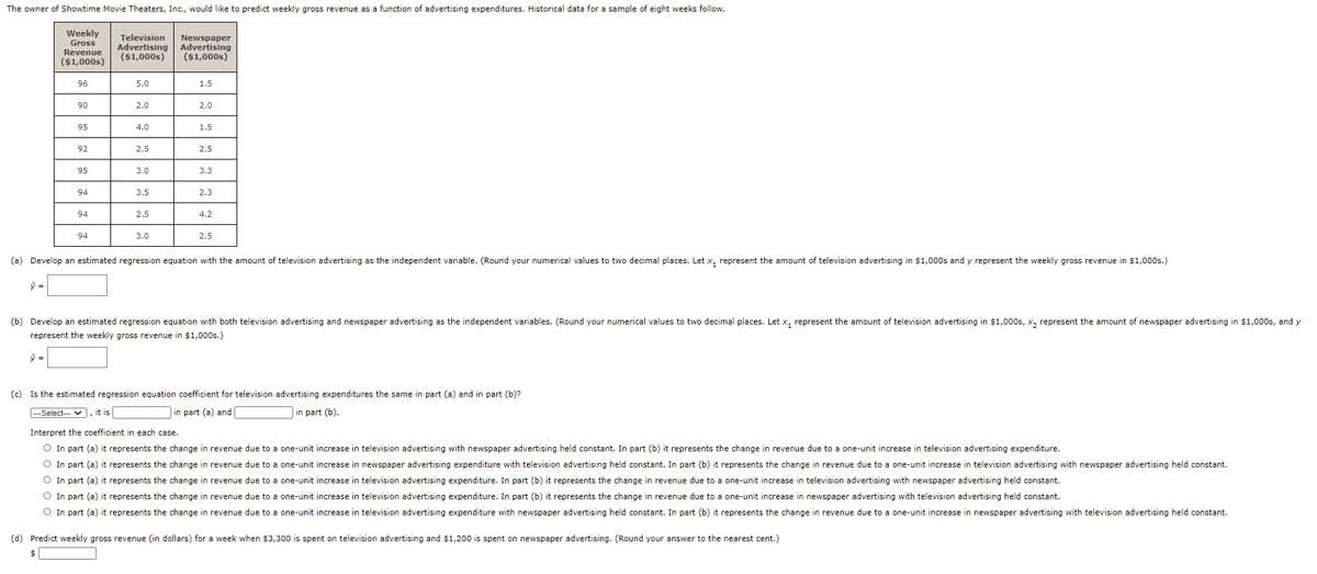 The owner of Showtime Movie Theaters, Inc., would like to predict weekly gross revenue as a function of advertising expenditures. Historical data for a sample of eight weeks follow.
Weekly
Television
Newspaper
Advertising Advertising
($1,000s)
Gross
Revenue
($1,000s)
($1,000s)
96
5.0
1.5
90
2.0
2.0
95
4.0
1.5
92
2.5
2.5
95
3.0
3.3
94
3.5
2.3
94
2.5
4.2
94
3.0
2.5
(a) Develop an estimated regression equation with the amount of television advertising as the independent variable. (Round your numerical values to two decimal places. Let x, represent the amount of television advertising in $1,000s and y represent the weekly gross revenue in $1,000s.)
(b) Develop an estimated regression equation with both television advertising and newspaper advertising as the independent variables. (Round your numerical values to two decimal places. Let x, represent the amount of television advertising in $1,000s, x, represent the amount of newspaper advertising in $1,000s, and y
represent the weekly gross revenue in $1,000s.)
シ=
(c) Is the estimated regression equation coefficient for television advertising expenditures the same in part (a) and in part (b)?
|---Select--- V , it is
|in part (a) and|
| in part (b).
Interpret the coefficient in each case.
O In part (a) it represents the change in revenue due to a one-unit increase in television advertising with newspaper advertising held constant. In part (b) it represents the change in revenue due to a one-unit increase in television advertising expenditure.
O In part (a) it represents the change in revenue due to a one-unit increase in newspaper advertising expenditure with television advertising held constant. In part (b) it represents the change in revenue due to a one-unit increase in television advertising with newspaper advertising held constant.
O In part (a) it represents the change in revenue due to a one-unit increase in television advertising expenditure. In part (b) it represents the change in revenue due to a one-unit increase in television advertising with newspaper advertising held constant.
O In part (a) it represents the change in revenue due to a one-unit increase in television advertising expenditure. In part (b) it represents the change in revenue due to a one-unit increase in newspaper advertising with television advertising held constant.
O In part (a) it represents the change in revenue due to a one-unit increase in television advertising expenditure with newspaper advertising held constant. In part (b) it represents the change in revenue due to a one-unit increase in newspaper advertising with television advertising held constant.
(d) Predict weekly gross revenue (in dollars) for a week when $3,300 is spent on television advertising and $1,200 is spent on newspaper advertising. (Round your answer to the nearest cent.)
$4
