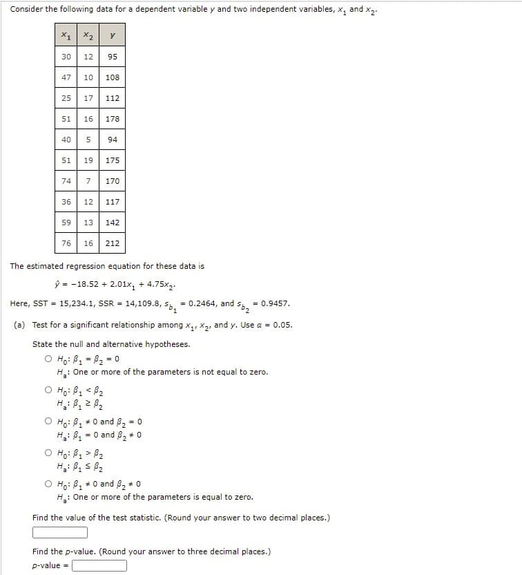 Consider the following data for a dependent variable y and two independent variables, x, and x2.
X1 x2
y
30
12
95
47
10
108
25
17
112
51
16
178
40
5
94
51
19
175
74
7
170
36
12
117
59
13
142
76
16
212
The estimated regression equation for these data is
ý = -18.52 + 2.01x, + 4.75x2.
14,109.8, 5b,
= 0.2464, and
Here, SST = 15,234.1, SSR =
= 0.9457.
(a) Test for a significant relationship among x,, x,, and y. Use a = 0.05.
State the null and alternative hypotheses.
O Ho: B1 = 82 = 0
H: One or more of the parameters is not equal to zero.
O Ho: B, < B2
H: B, 2 82
O Ho: B, +0 and B2 = 0
H: B, = 0 and B2 + 0
O Ho: B1 > B2
H: B, s B2
O Ho: B, + 0 and 82 # 0
H: One or more of the parameters is equal to zero.
Find the value of the test statistic. (Round your answer to two decimal places.)
Find the p-value. (Round your answer to three decimal places.)
p-value =
