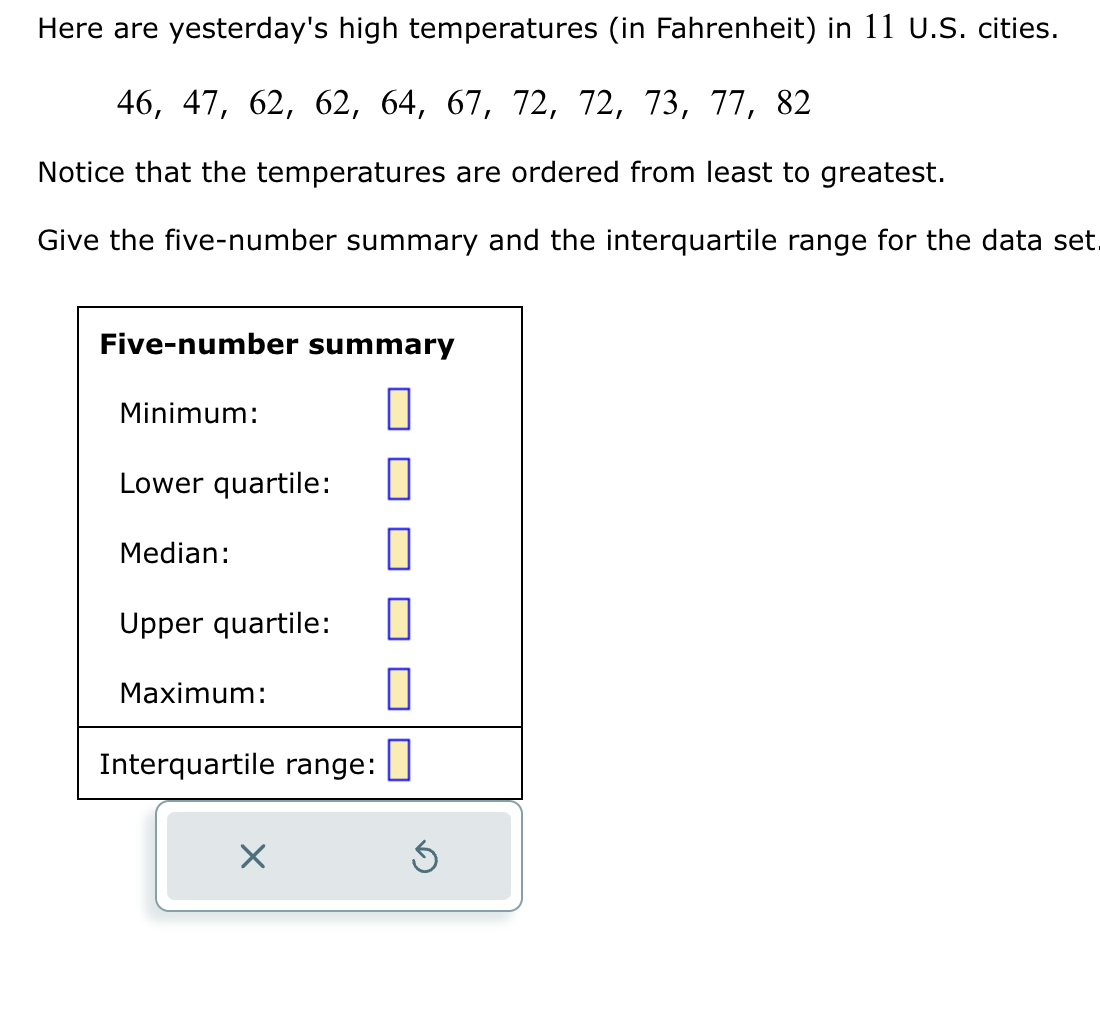 Here are yesterday's high temperatures (in Fahrenheit) in 11 U.S. cities.
46, 47, 62, 62, 64, 67, 72, 72, 73, 77, 82
Notice that the temperatures are ordered from least to greatest.
Give the five-number summary and the interquartile range for the data set.
Five-number summary
Minimum:
Lower quartile:
Median:
Upper quartile:
Maximum:
Interquartile range:
x
Ś