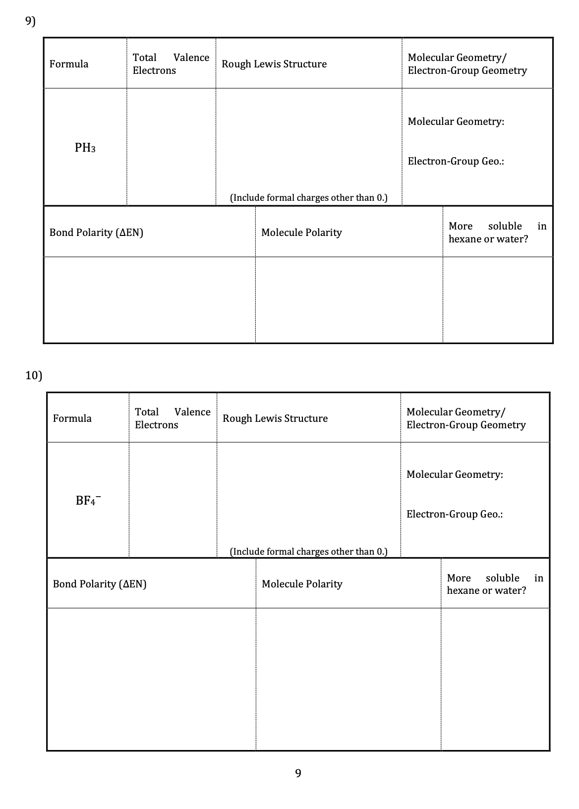 9)
Molecular Geometry/
Electron-Group Geometry
Total
Valence
Formula
Rough Lewis Structure
Electrons
Molecular Geometry:
PH3
Electron-Group Geo.:
(Include formal charges other than 0.)
More
soluble
in
Bond Polarity (AEN)
Molecule Polarity
hexane or water?
10)
Molecular Geometry/
Electron-Group Geometry
Total
Valence
Formula
Rough Lewis Structure
Electrons
Molecular Geometry:
BF4
Electron-Group Geo.:
(Include formal charges other than 0.)
More
soluble
in
Bond Polarity (AEN)
Molecule Polarity
hexane or water?
9
