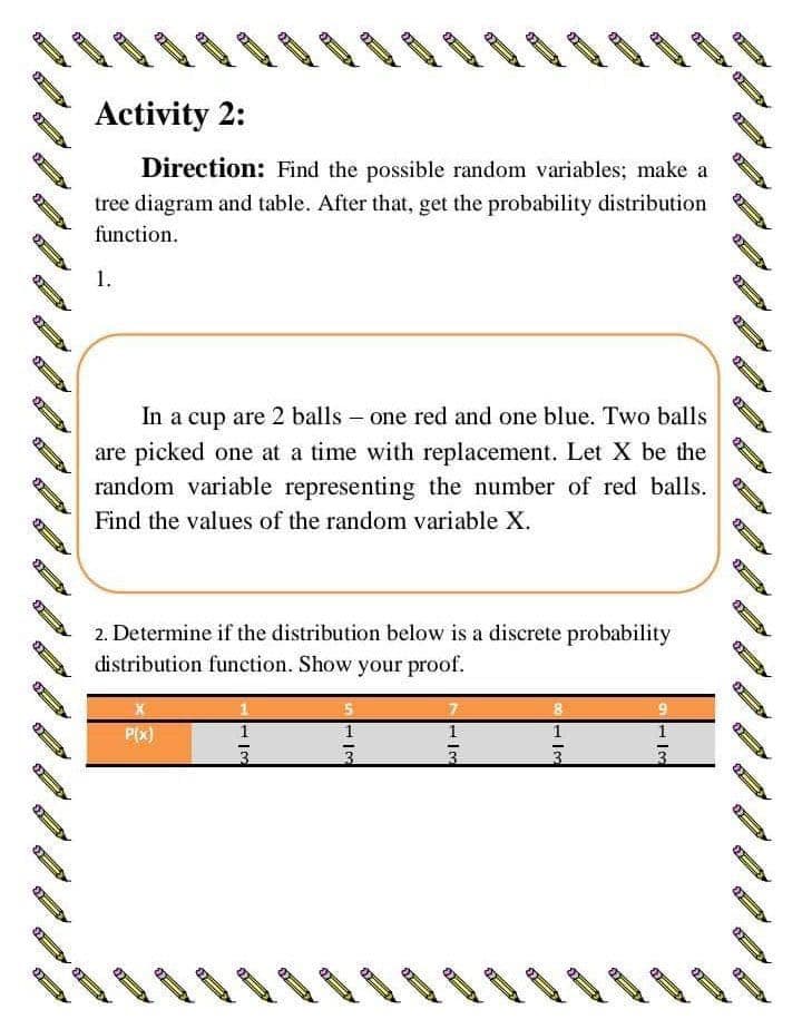 Activity 2:
Direction: Find the possible random variables; make a
tree diagram and table. After that, get the probability distribution
function.
1.
In a cup are 2 balls - one red and one blue. Two balls
are picked one at a time with replacement. Let X be the
random variable representing the number of red balls.
Find the values of the random variable X.
2. Determine if the distribution below is a discrete probability
distribution function. Show your proof.
P(x)
1
