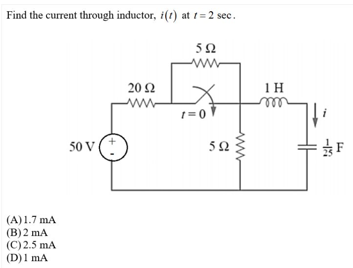 Find the current through inductor, i(t) at t= 2 sec.
5Ω
20 N
1H
t= 0
ell
50 V (*
(A) 1.7 mA
(B) 2 mA
(C) 2.5 mA
(D) 1 mA
