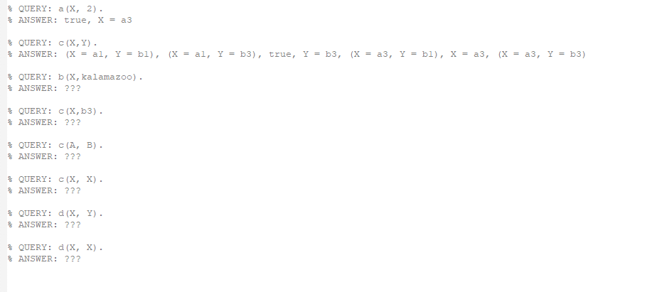 QUERY: a (X, 2).
ANSWER: true, X = a3
QUERY: C (X, Y).
ANSWER: (X = al, Y = bl), (X = al, Y = b3), true, Y = b3, (X = a3, Y = bl), X = a3, (X = a3, Y = b3)
QUERY: b (X, kalamazoo).
& ANSWER: ???
QUERY: C (X, b3).
ANSWER: ???
QUERY: C (A, B).
ANSWER: ???
QUERY: C (X, X).
ANSWER: ???
QUERY: d (X, Y).
ANSWER: ???
QUERY: d (X, X).
ANSWER: ???