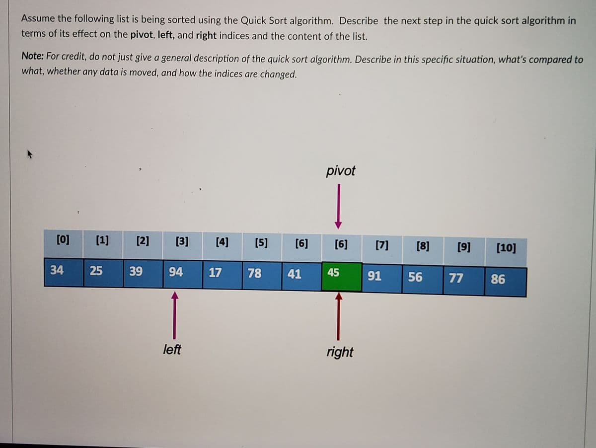 Assume the following list is being sorted using the Quick Sort algorithm. Describe the next step in the quick sort algorithm in
terms of its effect on the pivot, left, and right indices and the content of the list.
Note: For credit, do not just give a general description of the quick sort algorithm. Describe in this specific situation, what's compared to
what, whether any data is moved, and how the indices are changed.
pivot
[0]
[1]
[2]
[3]
[4]
[5]
[6]
[6]
[7]
[9]
[8]
[10]
34
25
39
94
17
78
41
45
91
56
77
86
left
right
