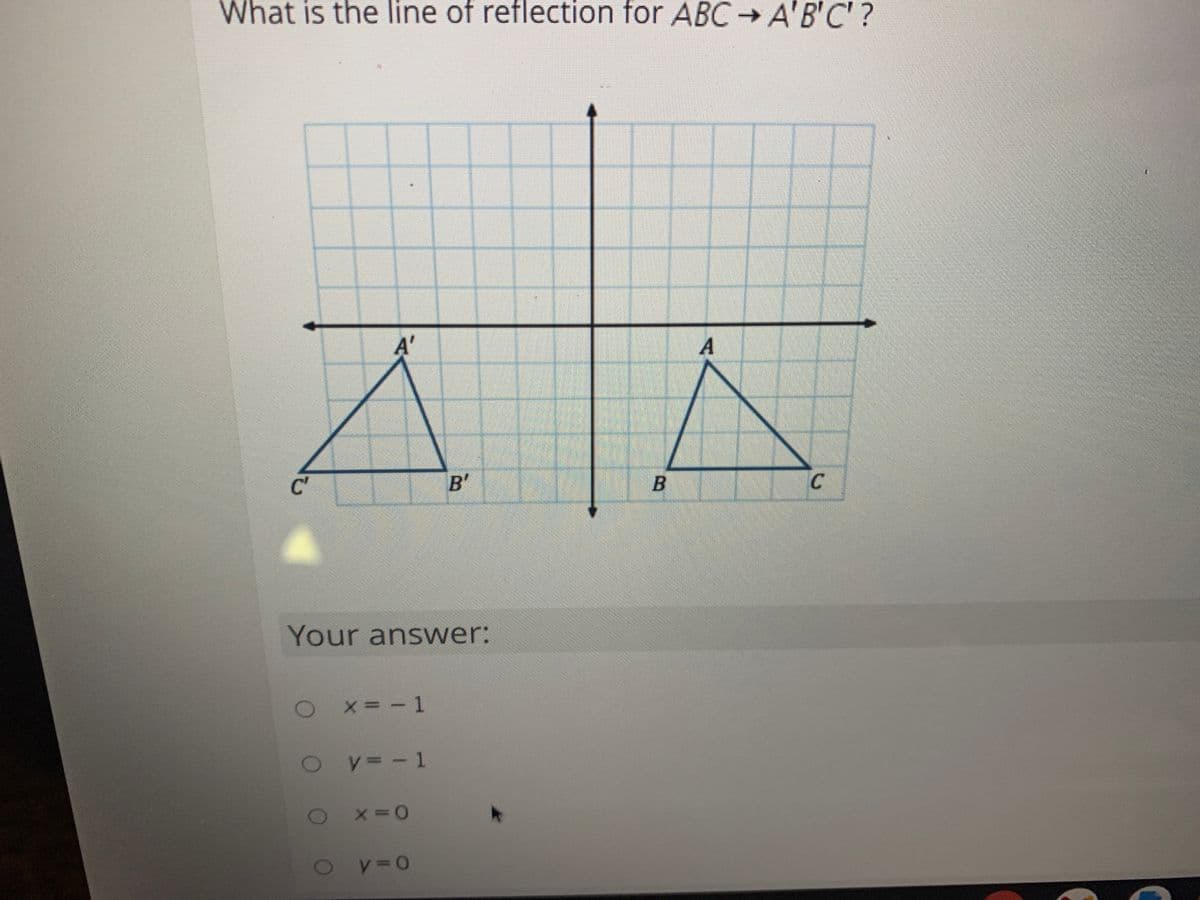 What is the line of reflection for ABC → A'B'C'?
A'
A
C'
B'
Your answer:
Ox= - 1
o y=-1
