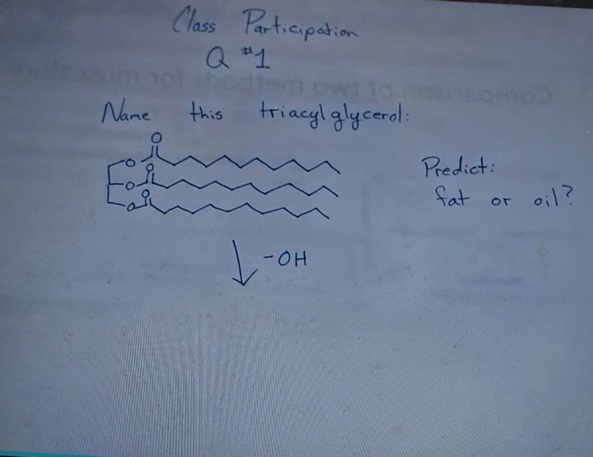 Class Participation
Q "1
Name
this triacylglycerol:
Predict:
fat
oil?
