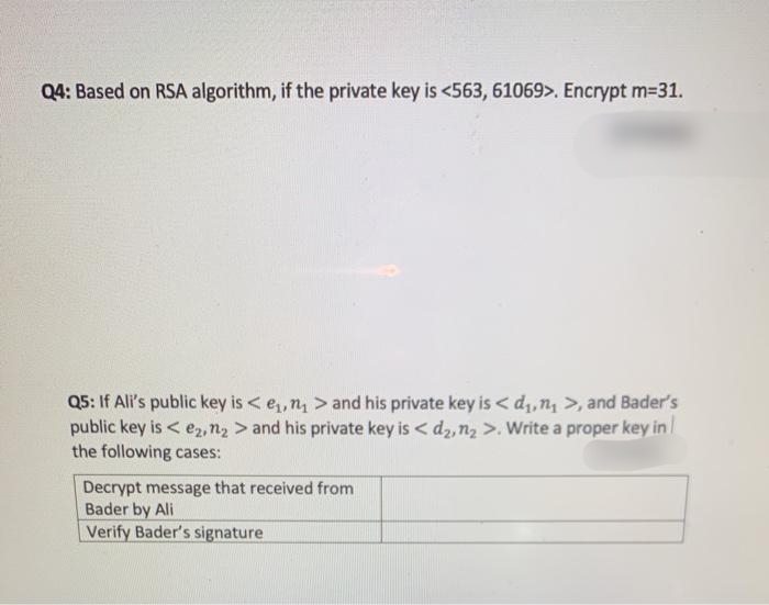 Q4: Based on RSA algorithm, if the private key is <563, 61069>. Encrypt m-31.
Q5: If Ali's public key is < e,n, > and his private key is < d,,n >, and Bader's
public key is < e2, n, > and his private key is < d2, n2 >. Write a proper key in
the following cases:
Decrypt message that received from
Bader by Ali
Verify Bader's signature
