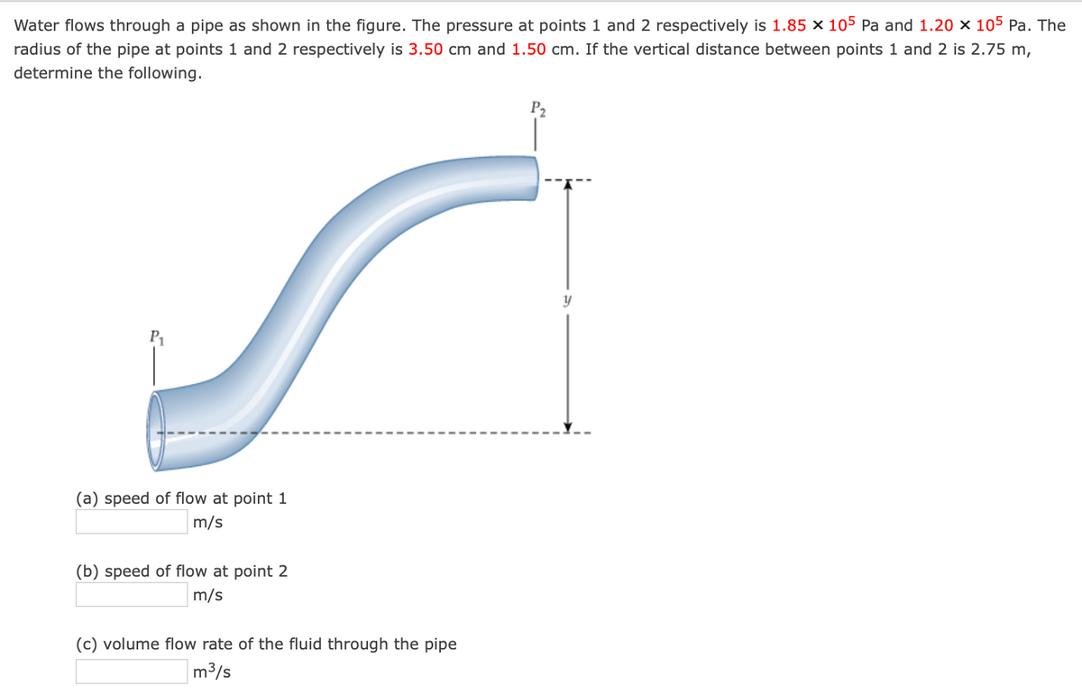 Water flows through a pipe as shown in the figure. The pressure at points 1 and 2 respectively is 1.85 x 105 Pa and 1.20 × 105 Pa. The
radius of the pipe at points 1 and 2 respectively is 3.50 cm and 1.50 cm. If the vertical distance between points 1 and 2 is 2.75 m,
determine the following.
(a) speed of flow at point 1
m/s
(b) speed of flow at point 2
m/s
(c) volume flow rate of the fluid through the pipe
m³/s
y