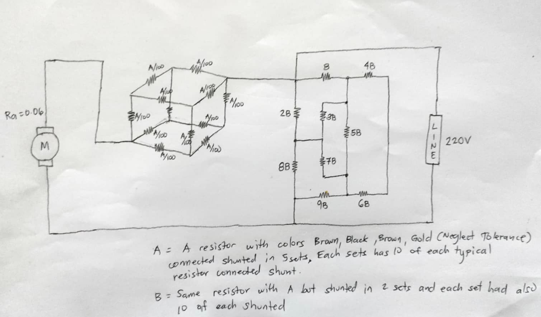 48
Ra =0.06
2B至
58
M
220V
A/100
8B?
多子B
9B
68
A = A resistor with colors Brown, Black ,Brown, Gold (Neglect To krance)
comected shunted in Ssets, Each sets has 10 of each
resister conneted shunt.
R = Same resistor with A but shunted in 2 sets and each set had aled
10 of each shunted
typical
