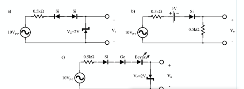 5V
a)
0.5k2
Si
Si
b)
0.5k2
Si
10V
0.5k2.
Vz=2V
V.
10Vep
V.
0.5k2
Si
Ge
Beyaz
10Vpp
Vz=2V,
V,
P-P
