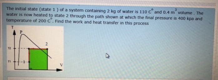 The initial state (state 1) of a system containing 2 kg of water is 110 C and 0.4 m volume . The
water is now heated to state 2 through the path shown at which the final pressure is 400 kpa and
temperature of 200 C. Find the work and heat transfer in this process
3.
T2
T1
V
