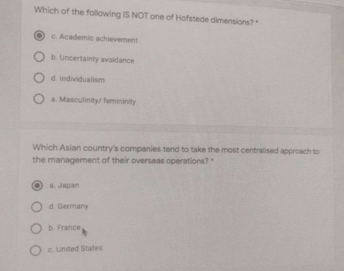 Which of the following IS NOT one of Hofstede dimensions? *
c. Academic achievement
Ob. Uncertainty avoidance
O d. individualism
a. Masculinity/ femininity
Which Asian country's companies tend to take the most centralised approach to
the management of their overseas operations?*
a. Japan
O d. Germany
Ob. France
Oc. United States
