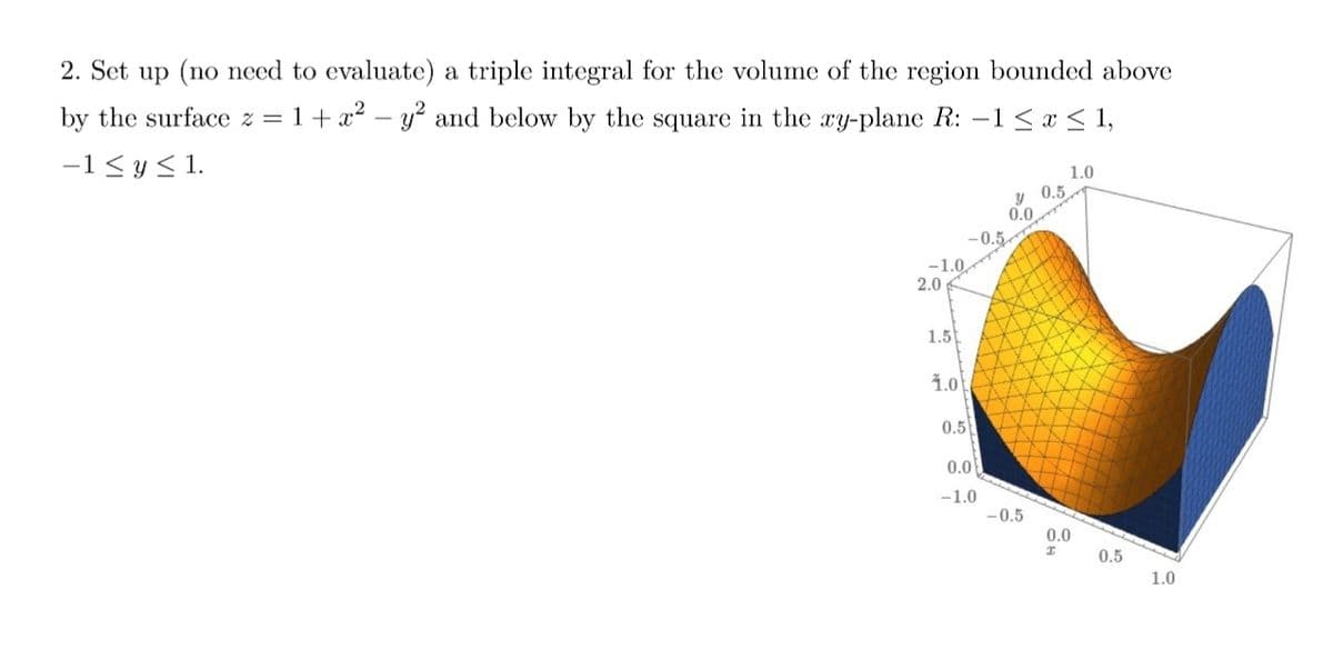 2. Set up (no need to evaluate) a triple integral for the volume of the region bounded above
by the surface z = 1 1 + x² - y² and below by the square in the xy-plane R: -1 ≤ x ≤ 1,
-1 ≤ y ≤ 1.
-1.0
2.0
1.5
y 0.5
0.0
-0.5
1.0
0.5
0.0
-1.0
-0.5
1.0
0.0
I
0.5
1.0