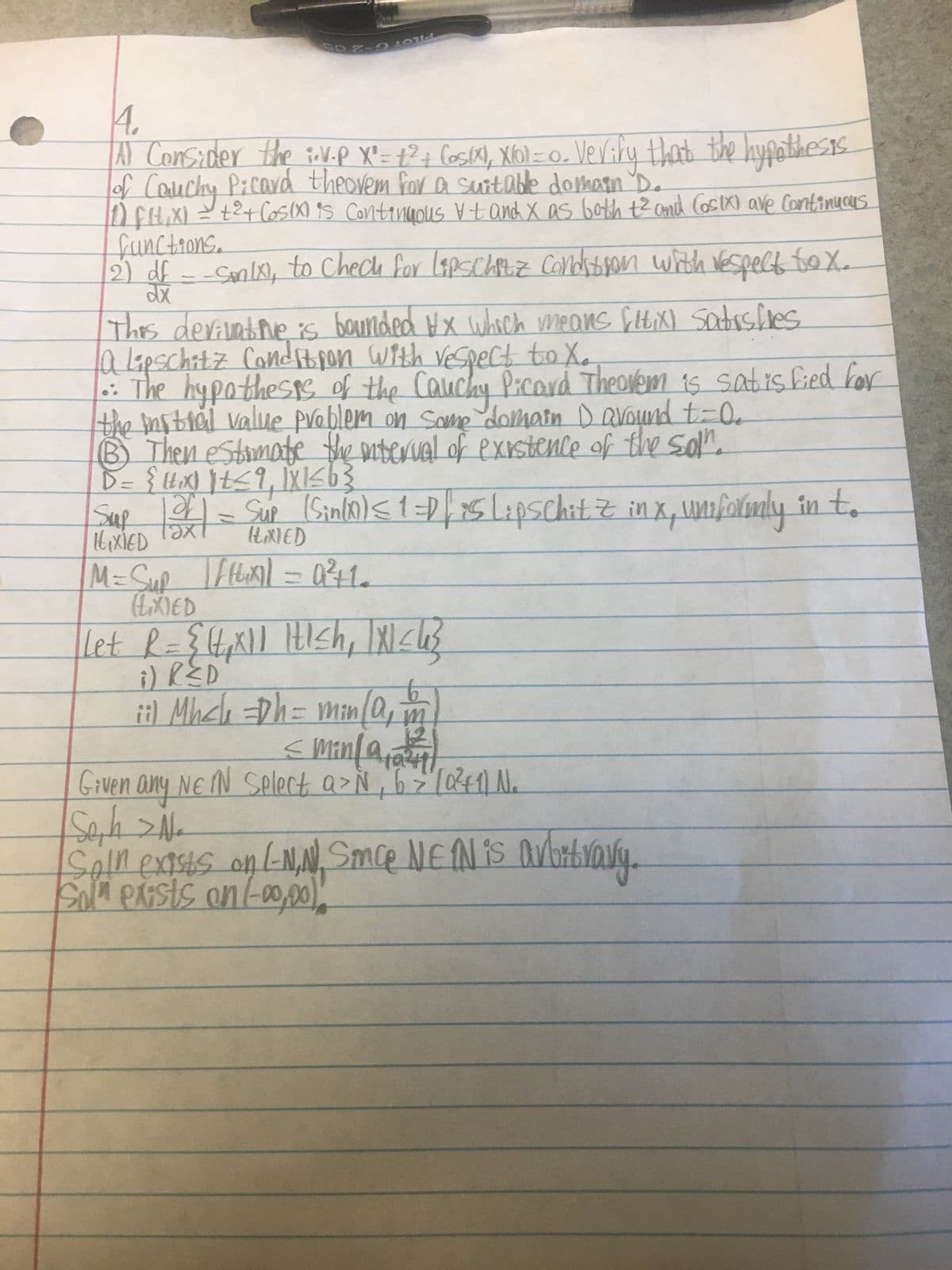 2: Consider the iv.p
1 = cos(+²) + x²
x
Using Caudry - Picard
2001=0
theccem estimate the interval of existence for this v. p.
1) F(tex)= Cos(+2)+x² is Continuous it and x as both *2 and Cost?) ave
Continuous functions.
2) dk = 2X, to check for Lipschitz Condition withres respect to X.