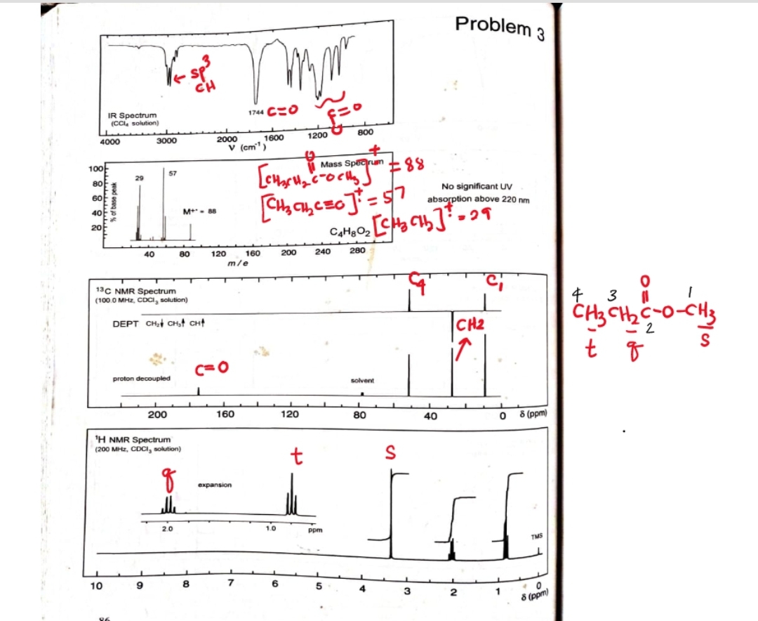 Problem 3
CH
1744 CO
IR Spectrum
(CCl, solution)
800
1600
1200
2000
v (cm")
4000
3000
100F
Mass Specrum
8.
57
29
80
No significant UV
60
%3D
absorption above 220 nm
40
20
M - 88
200
240
280
120
m/e
40
80
160
13C NMR Spectrum
(100.0 MHz, CDCI, solution)
4. 3
|CH2
DEPT CH CH, CH
2
C=0
proton decoupled
solvent
200
160
120
80
40
8 (ppm)
'H NMR Spectrum
(200 MHz, CDCI, solution)
expansion
20
1.0
ppm
TMS
10
6
4
2
1
8 (ppm)
sof base peak
