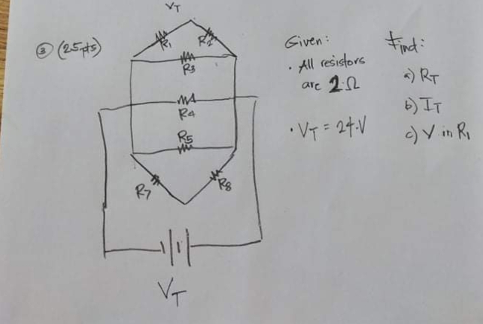 Given:
Find i
· All resistors
are 22
-) RT
MA
6) IT
) Y in Ry
•V = 24.V
R7
VT
