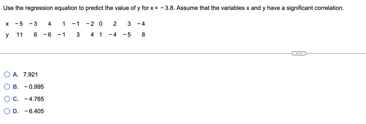 Use the regression equation to predict the value of y for x = -
X
y
-5 - 3
4
11 6 - 6
A. 7.921
B. - 0.995
C. -4.765
O D. -6.405
1
- 1
- 1
3
- 2 0
4 1
2
- 4
3
-5
-3.8. Assume that the variables x and y have a significant correlation.
- 4
8