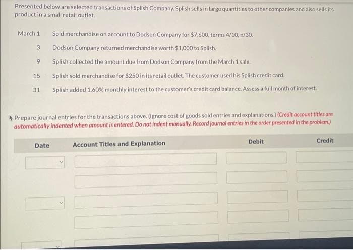 Presented below are selected transactions of Splish Company. Splish sells in large quantities to other companies and also sells its
product in a small retail outlet.
March 1
Sold merchandise on account to Dodson Company for $7,600, terms 4/10, n/30.
Dodson Company returned merchandise worth $1,000 to Splish.
Splish collected the amount due from Dodson Company from the March 1 sale.
15
Splish sold merchandise for $250 in its retail outlet. The customer used his Splish credit card.
31 Splish added 1.60% monthly interest to the customer's credit card balance. Assess a full month of interest.
3
9
Prepare journal entries for the transactions above. (Ignore cost of goods sold entries and explanations.) (Credit account titles are
automatically indented when amount is entered. Do not indent manually. Record journal entries in the order presented in the problem.)
Date
Account Titles and Explanation
Debit
Credit