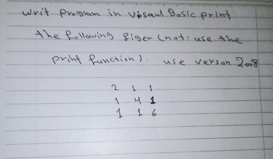 writ Progham in vasawl Basic print
the Rollowing figen (noti use the
print function).
use vehson 2008
2.
41
116
