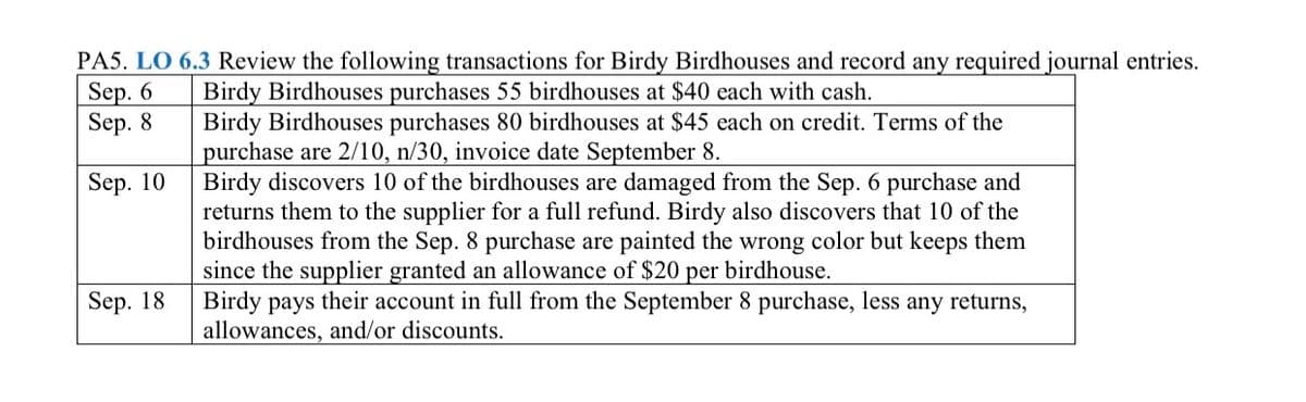 PA5. LO 6.3 Review the following transactions for Birdy Birdhouses and record any required journal entries.
Sep. 6
Sep. 8
Birdy Birdhouses purchases 55 birdhouses at $40 each with cash.
Birdy Birdhouses purchases 80 birdhouses at $45 each on credit. Terms of the
purchase are 2/10, n/30, invoice date September 8.
Birdy discovers 10 of the birdhouses are damaged from the Sep. 6 purchase and
returns them to the supplier for a full refund. Birdy also discovers that 10 of the
birdhouses from the Sep. 8 purchase are painted the wrong color but keeps them
since the supplier granted an allowance of $20 per birdhouse.
Birdy pays their account in full from the September 8 purchase, less any returns,
allowances, and/or discounts.
Sep. 10
Sep. 18
