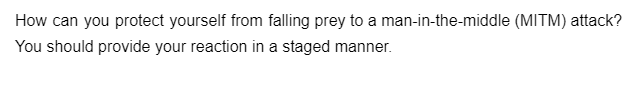 How can you protect yourself from falling prey to a man-in-the-middle (MITM) attack?
You should provide your reaction in a staged manner.