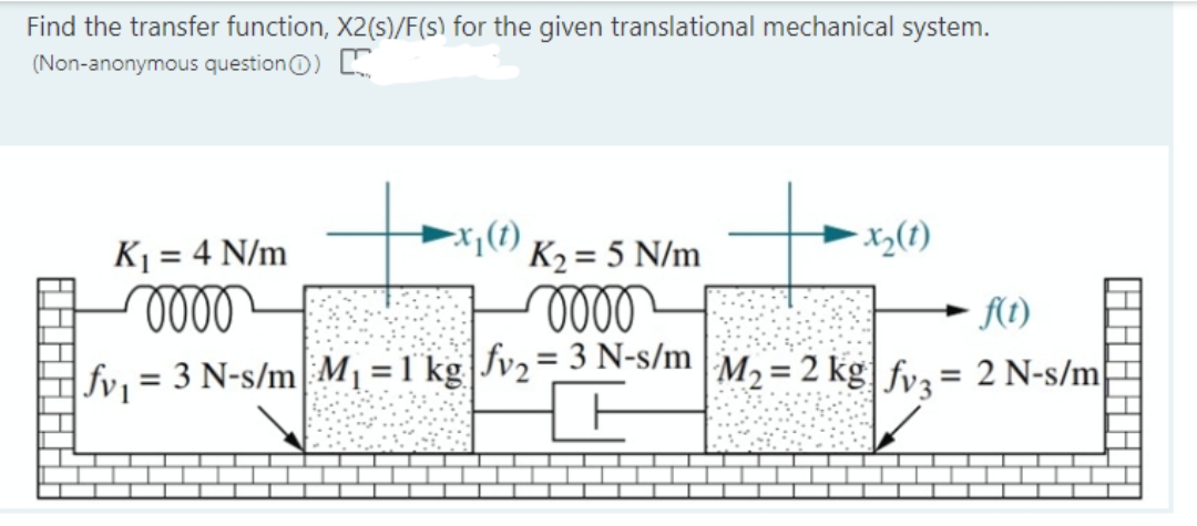 Find the transfer function, X2(s)/F(s) for the given translational mechanical system.
(Non-anonymous question)
K₁ = 4 N/m
oooo
|fv₁ = 3 N-s/m M₁ = 1 kg
(1) K₂=5 N/m
0000
fv₂= 3 N-s/m
-x₂(1)
f(t)
= 2 N-s/m
M₂=2 kg|fv3=