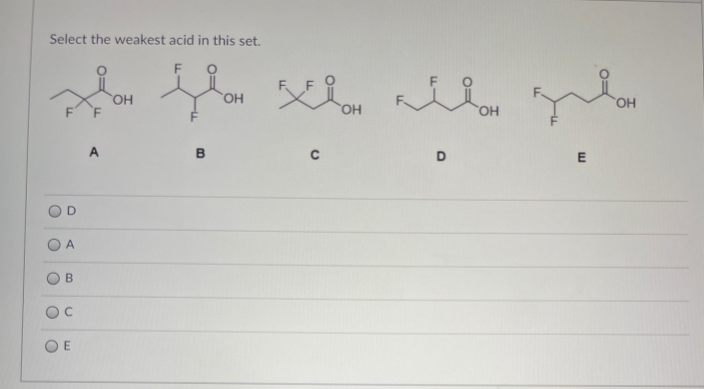 Select the weakest acid in this set.
HO,
OH
OH
A
D
A
B.
