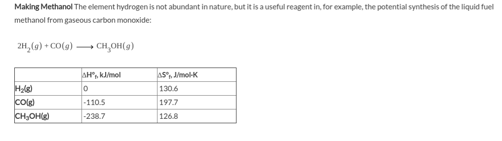 Making Methanol The element hydrogen is not abundant in nature, but it is a useful reagent in, for example, the potential synthesis of the liquid fuel
methanol from gaseous carbon monoxide:
2H, (g) + CO(g) –→ CH,OH(g)
AH°, kJ/mol
AS°, J/mol-K
H2(g)
CO(g)
130.6
|-110.5
197.7
CH,ОН(8)
-238.7
126.8
