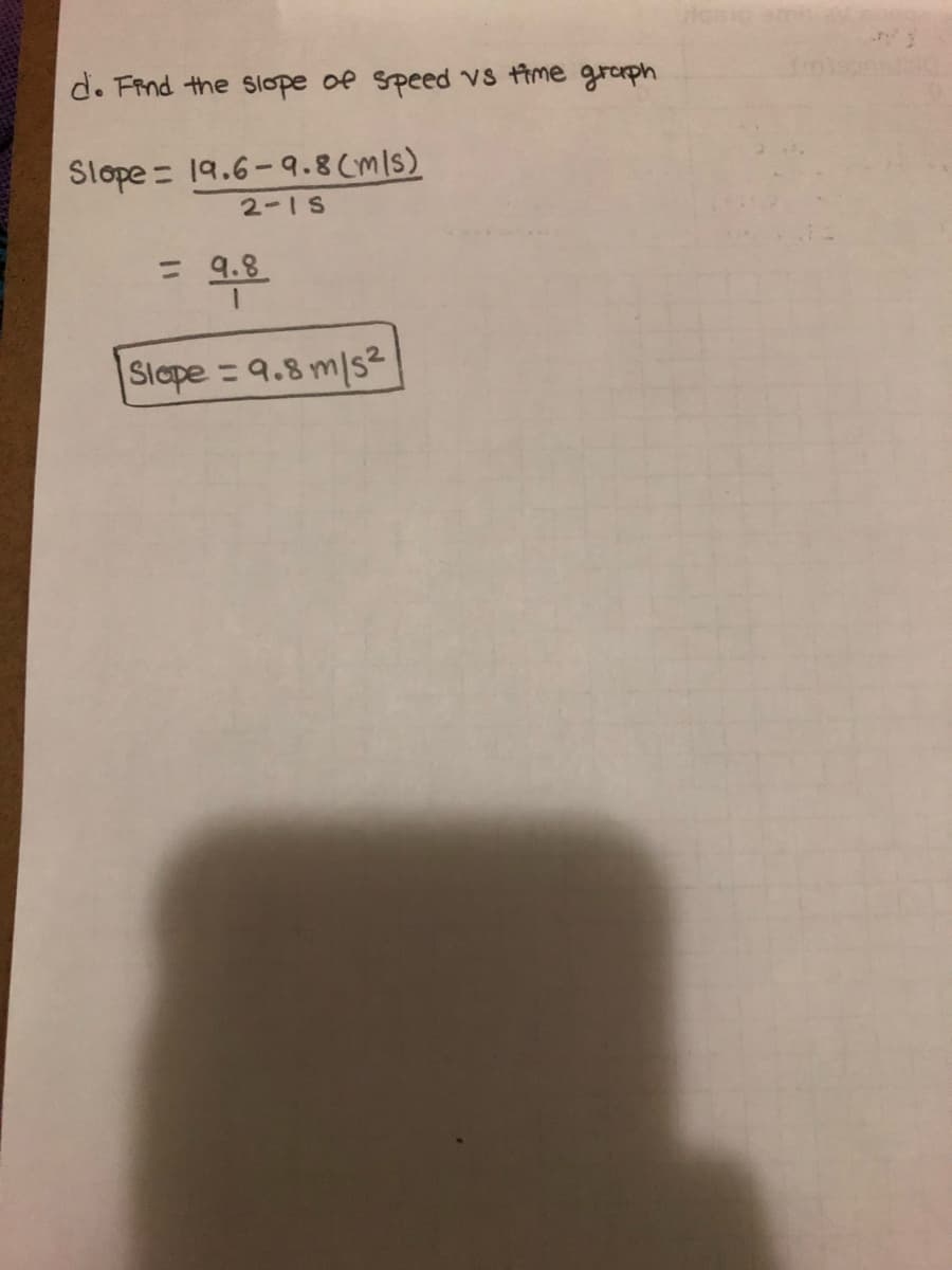 d. Find the Slope of Speed vs fime groph
Slope = 19.6-9.8(mls)
2-1S
= 9.8
Slope =9.8 m/s²
%3D
