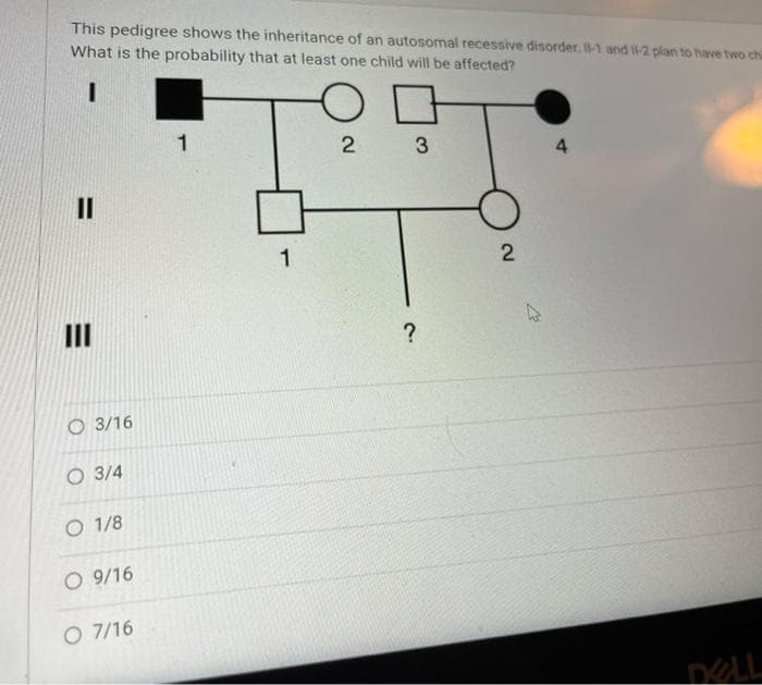 This pedigree shows the inheritance of an autosomal recessive disorder. I1-1 and I-2 plan to have two chi
What is the probability that at least one child will be affected?
2 3
4
II
1
III
O 3/16
O 3/4
O 1/8
O 9/16
O 7/16
DLL
