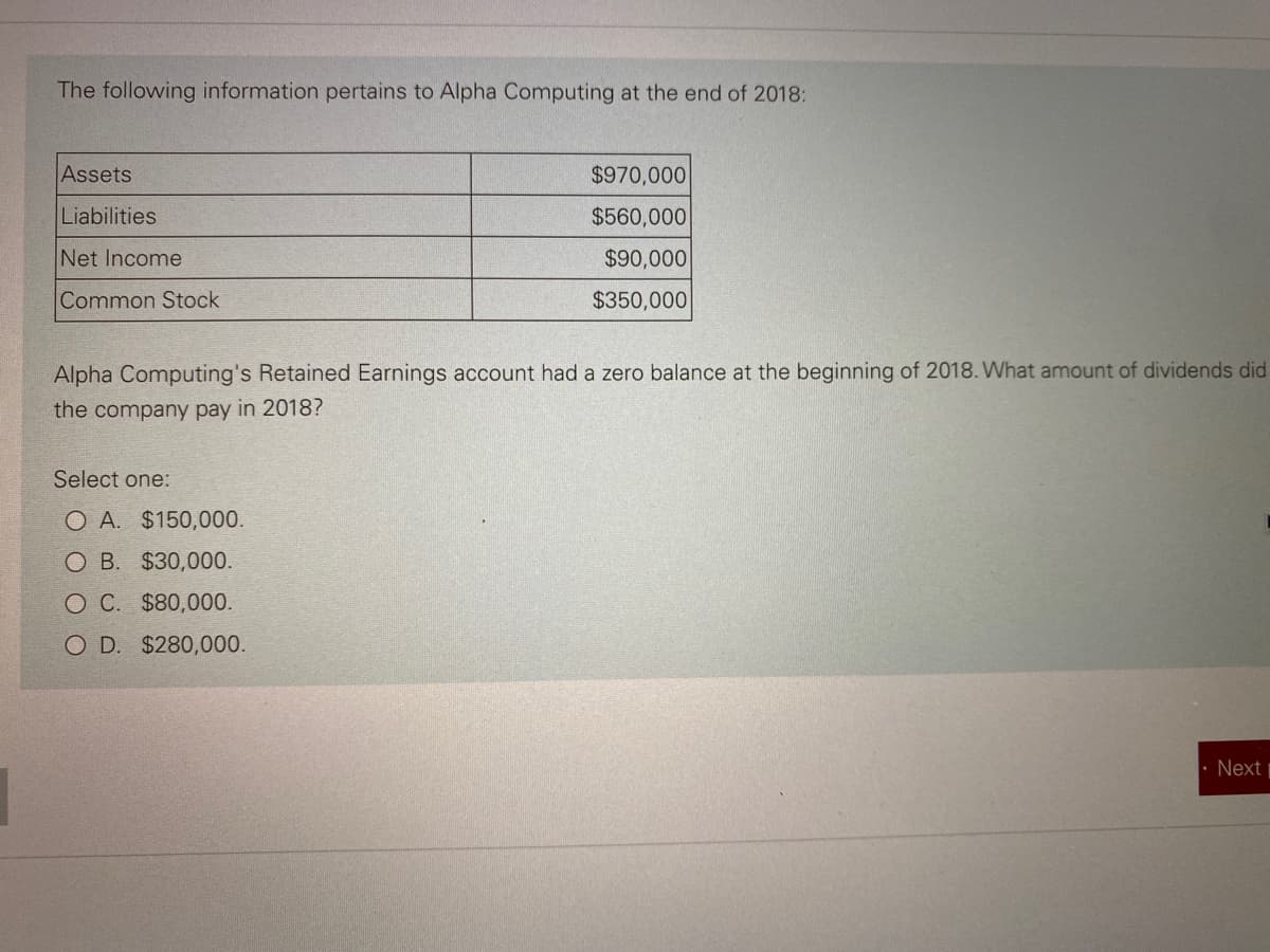 1
The following information pertains to Alpha Computing at the end of 2018:
Assets
Liabilities
Net Income
Common Stock
$970,000
$560,000
$90,000
$350,000
Alpha Computing's Retained Earnings account had a zero balance at the beginning of 2018. What amount of dividends did
the company pay in 2018?
Select one:
O A. $150,000.
O B. $30,000.
O C. $80,000.
O D. $280,000.
Next