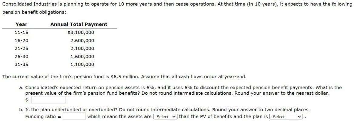 Consolidated Industries is planning to operate for 10 more years and then cease operations. At that time (in 10 years), it expects to have the following
pension benefit obligations:
Year
11-15
16-20
Annual Total Payment
$3,100,000
2,600,000
2,100,000
21-25
26-30
31-35
1,600,000
1,100,000
The current value of the firm's pension fund is $6.5 million. Assume that all cash flows occur at year-end.
a. Consolidated's expected return on pension assets is 6%, and it uses 6% to discount the expected pension benefit payments. What is the
present value of the firm's pension fund benefits? Do not round intermediate calculations. Round your answer to the nearest dollar.
$
b. Is the plan underfunded or overfunded? Do not round intermediate calculations. Round your answer to two decimal places.
Funding ratio =
which means the assets are -Select- than the PV of benefits and the plan is -Select-