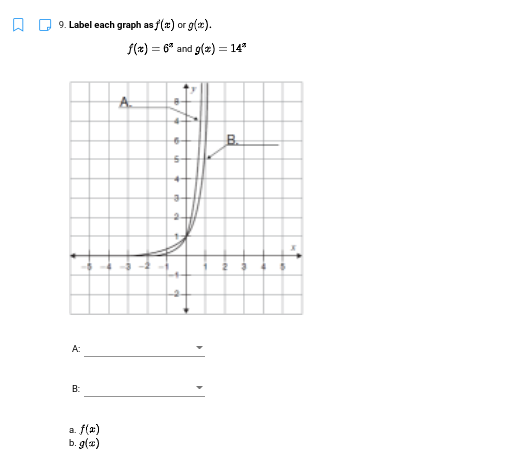 9. Label each graph as f(x) or g(x).
f(x) = 6* and g(2) = 14"
A.
A:
B:
a. f(2)
b. g(z)
